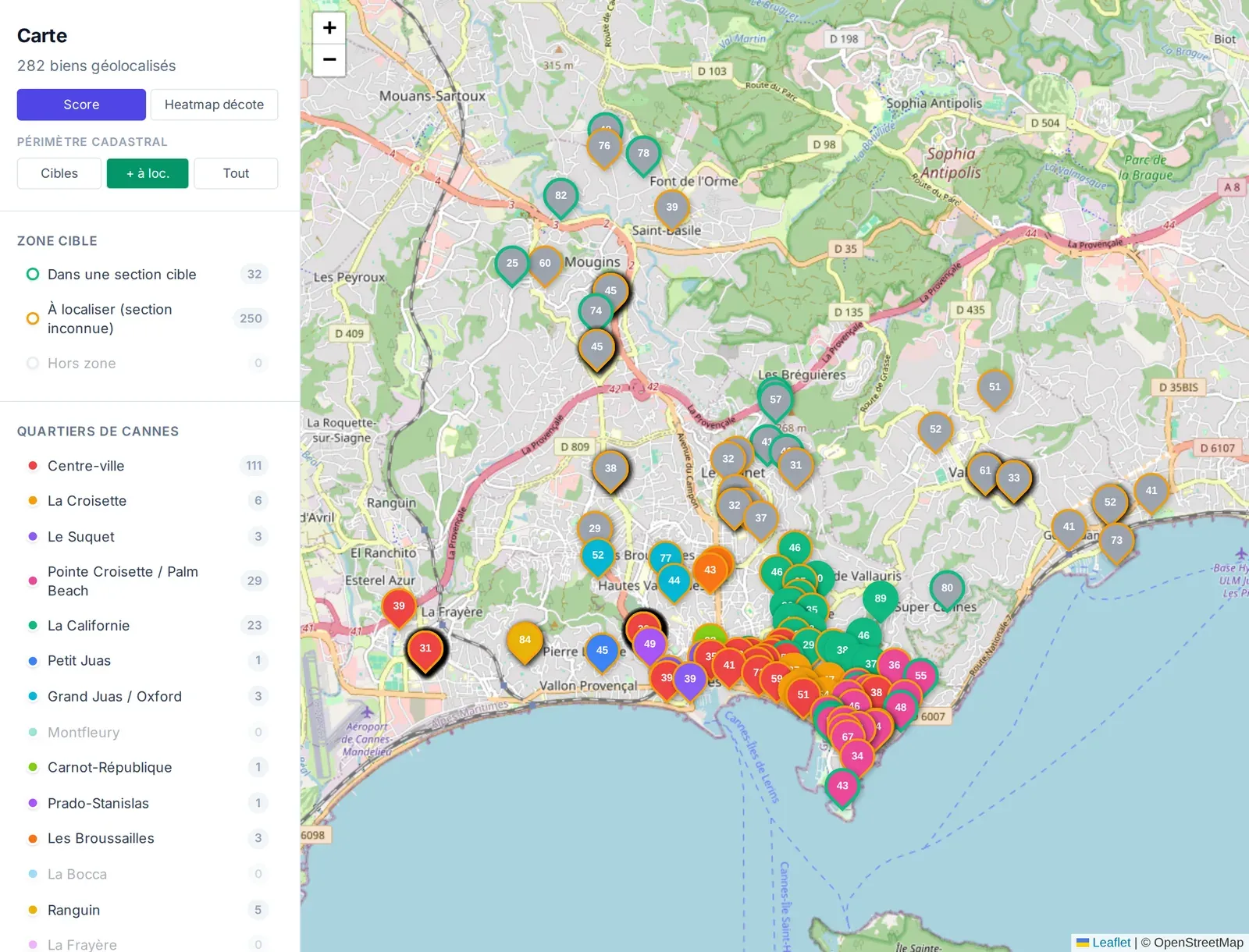 Vue carte de Scout MdB : biens géolocalisés avec pastilles de score, filtres par ville, prix, surface et score minimum