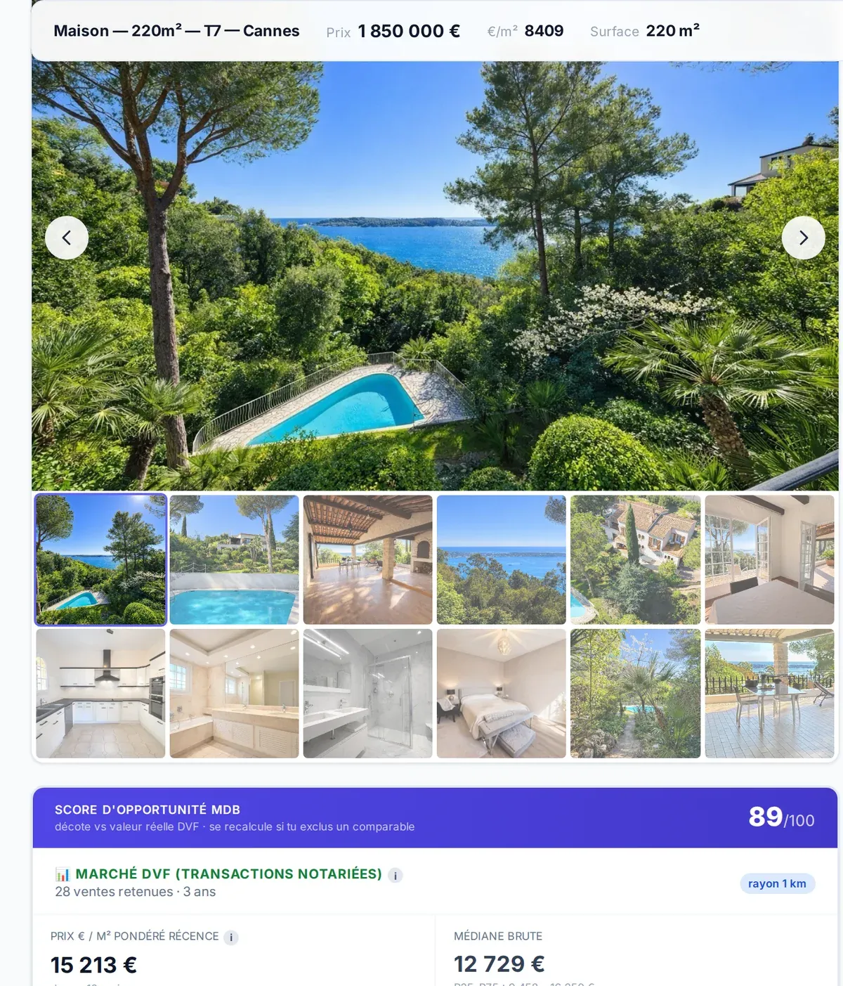 Fiche d’un bien dans Scout MdB : galerie de photos, score d’opportunité 89 sur 100, écart de 44,7 % sous la valeur DVF, boutons Valider et Écarter