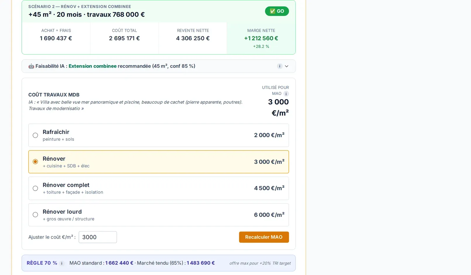 Scénario 2 d’une simulation : rénovation plus extension de 45 m² sur 20 mois, achat plus frais, coût total, revente nette, marge nette, grille de coût des travaux et calcul du MAO selon la règle des 70 %